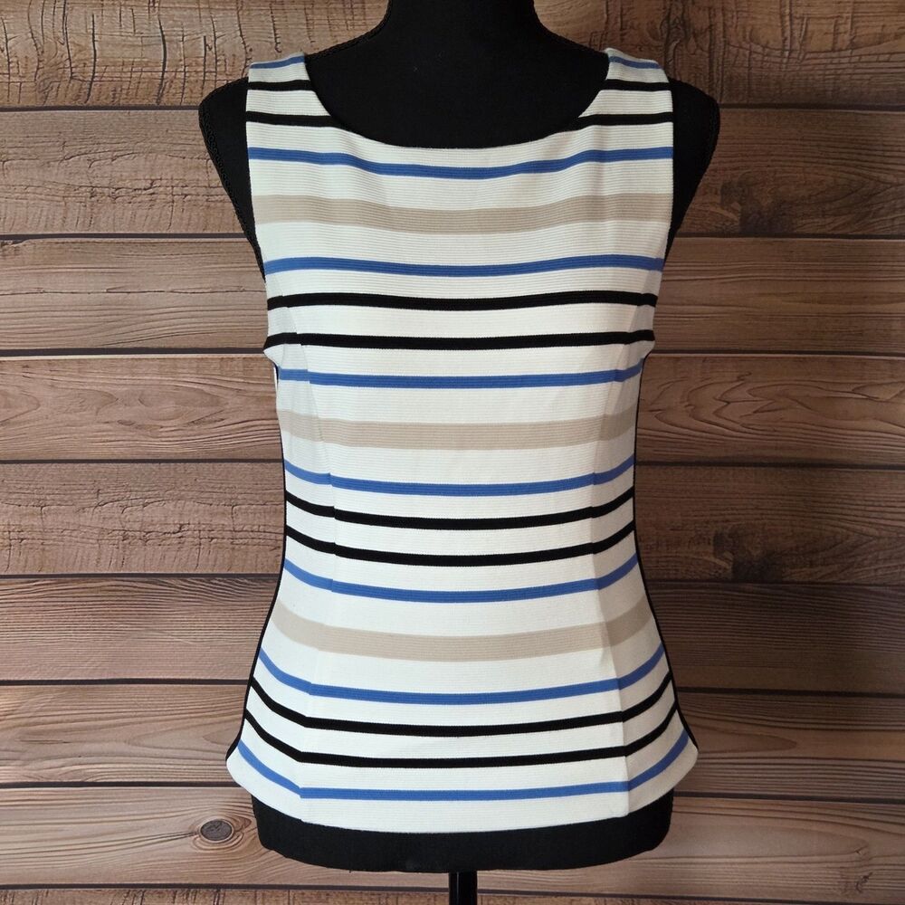 White House Black Market  Sleeveless Blue tan white stripe Blouse Top Size 2